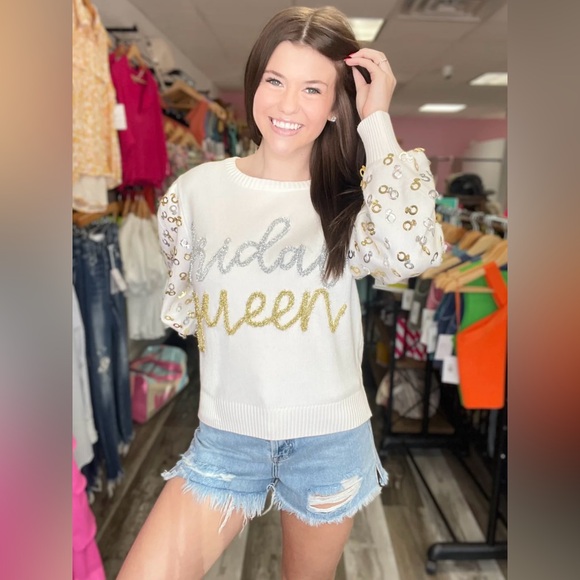 NWT Queen of Sparkles Bridal Queen White Crewneck Sweater Sz XL - Picture 2 of 10